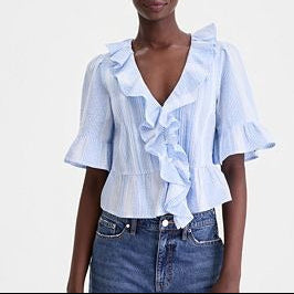 Blue And White Striped Ruffled V Neck Crop Top