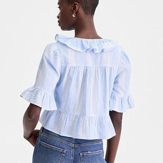 Blue And White Striped Ruffled V Neck Crop Top