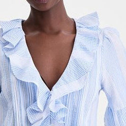 Blue And White Striped Ruffled V Neck Crop Top