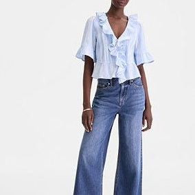 Blue And White Striped Ruffled V Neck Crop Top