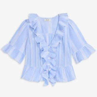 Blue And White Striped Ruffled V Neck Crop Top