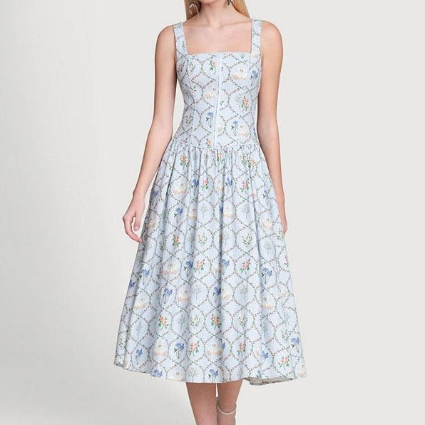 Light Blue Floral Midi Sundress With Cinched Waist