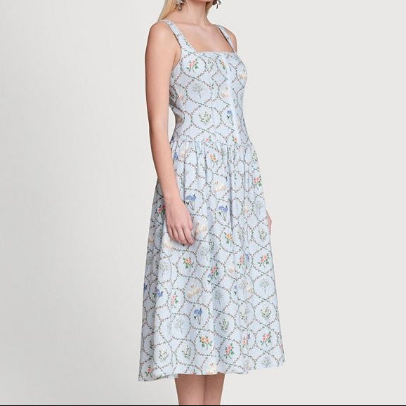 Light Blue Floral Midi Sundress With Cinched Waist