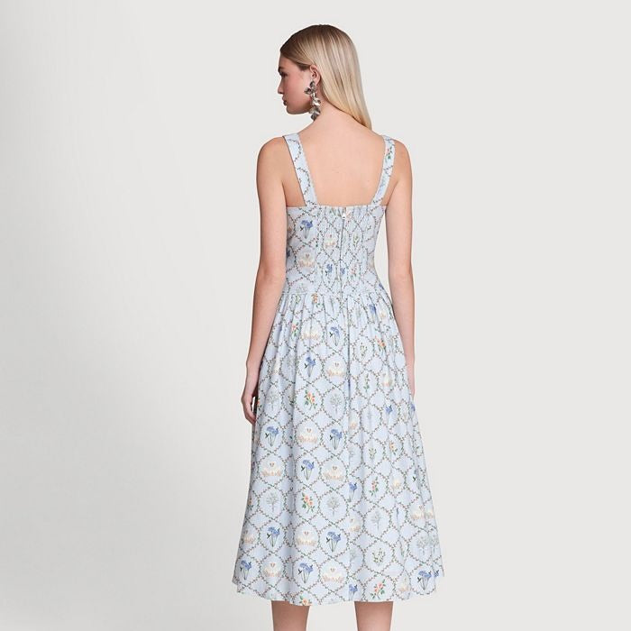 Light Blue Floral Midi Sundress With Cinched Waist