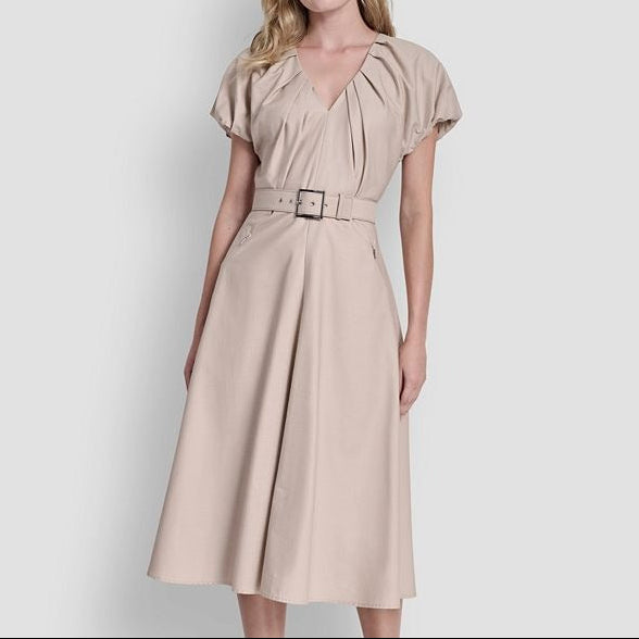 Light Khaki V Neck Waist Cinching Dress