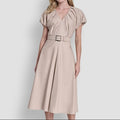 Light Khaki V Neck Waist Cinching Dress