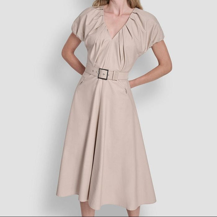 Light Khaki V Neck Waist Cinching Dress