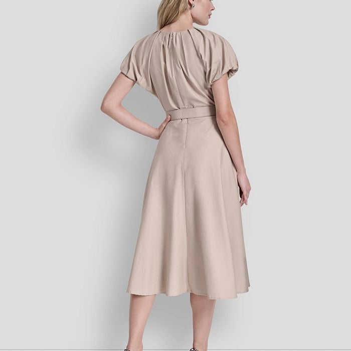 Light Khaki V Neck Waist Cinching Dress