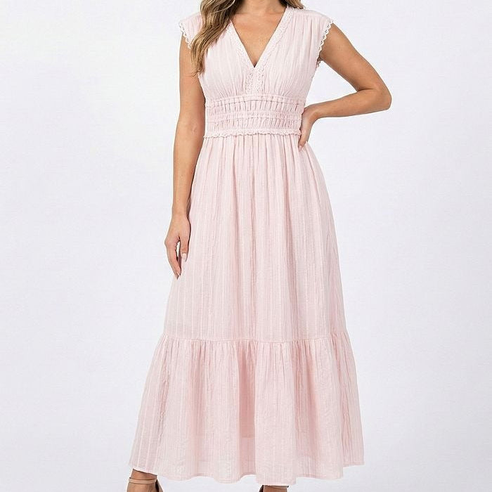Light Pink V Neck Waist Cinching Maxi Dress