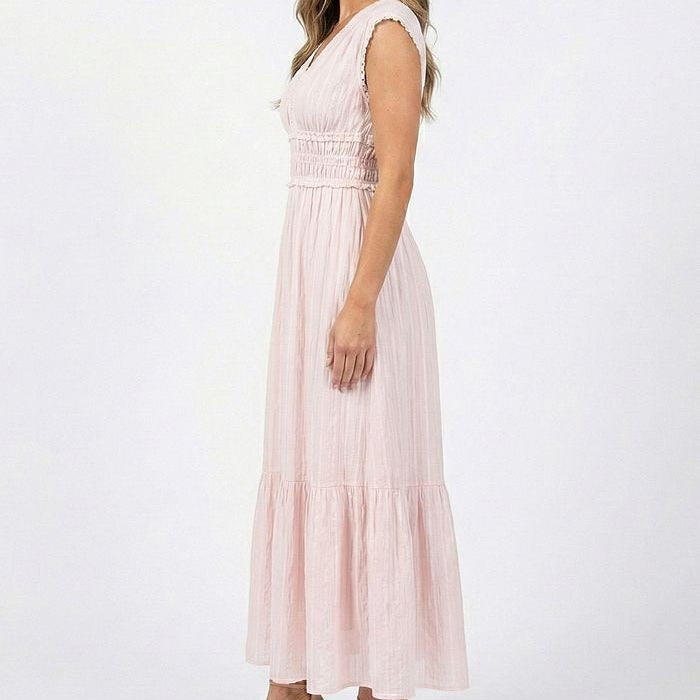 Light Pink V Neck Waist Cinching Maxi Dress