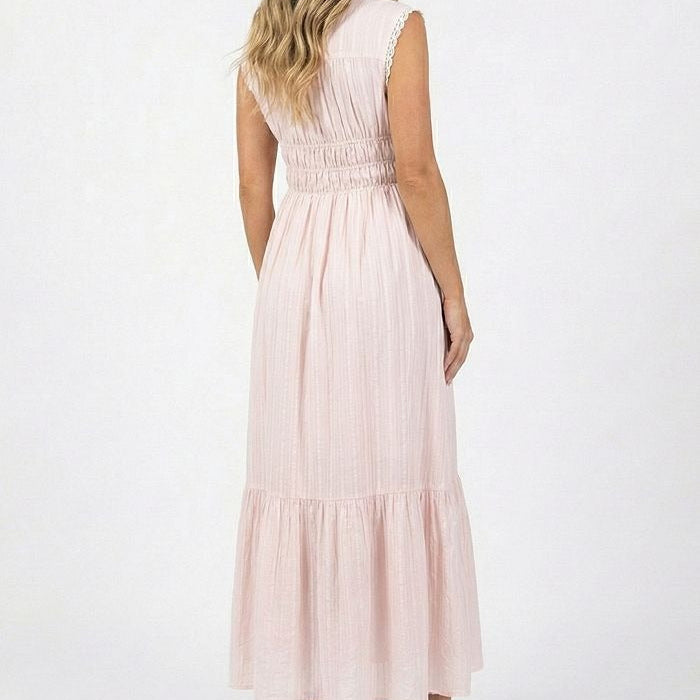 Light Pink V Neck Waist Cinching Maxi Dress