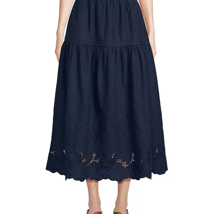 Mid Length Skirt With Openwork Floral Embroidery