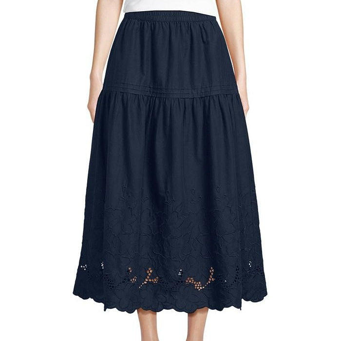 Mid Length Skirt With Openwork Floral Embroidery