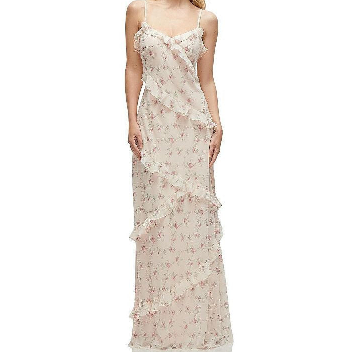 Off White Floral Print Spaghetti Strap Dress