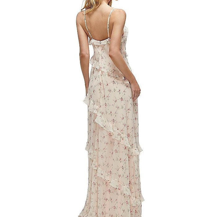 Off White Floral Print Spaghetti Strap Dress