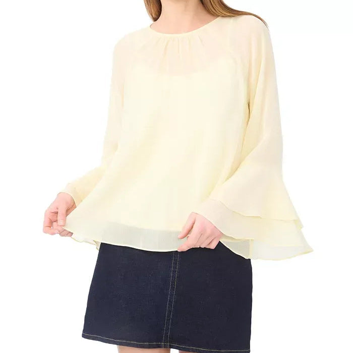 Pale Yellow Double Layer Ruffle Sleeve Chiffon Top