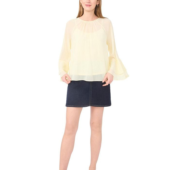 Pale Yellow Double Layer Ruffle Sleeve Chiffon Top