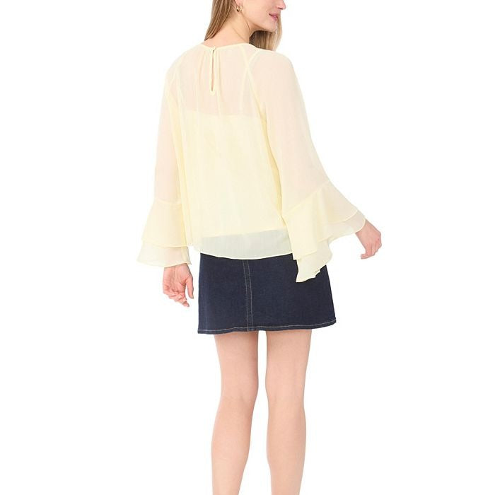 Pale Yellow Double Layer Ruffle Sleeve Chiffon Top