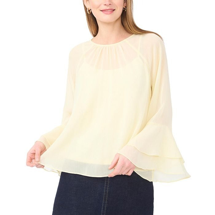 Pale Yellow Double Layer Ruffle Sleeve Chiffon Top
