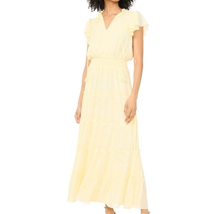 Pale Yellow V Neck Waist Cinching Maxi Dress