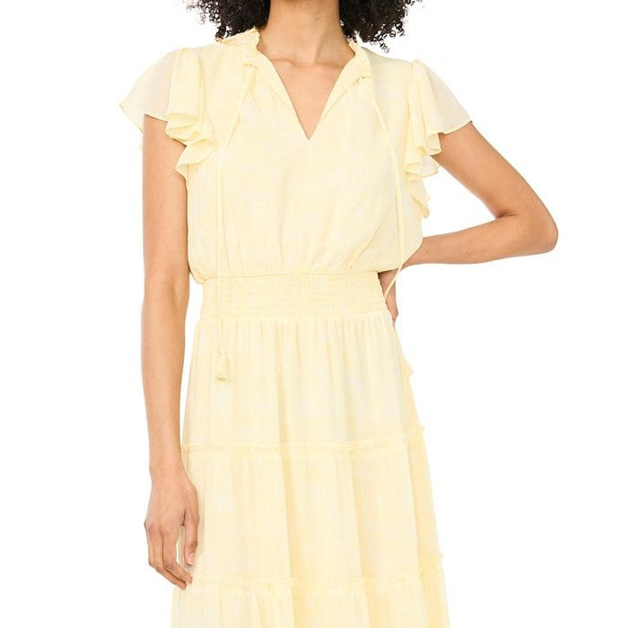 Pale Yellow V Neck Waist Cinching Maxi Dress