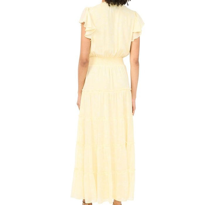 Pale Yellow V Neck Waist Cinching Maxi Dress