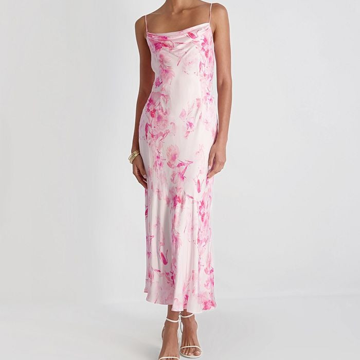 Pink Ombré Floral Satin Strappy Maxi Dress