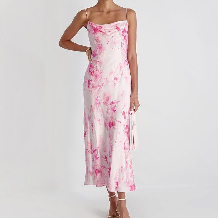 Pink Ombré Floral Satin Strappy Maxi Dress