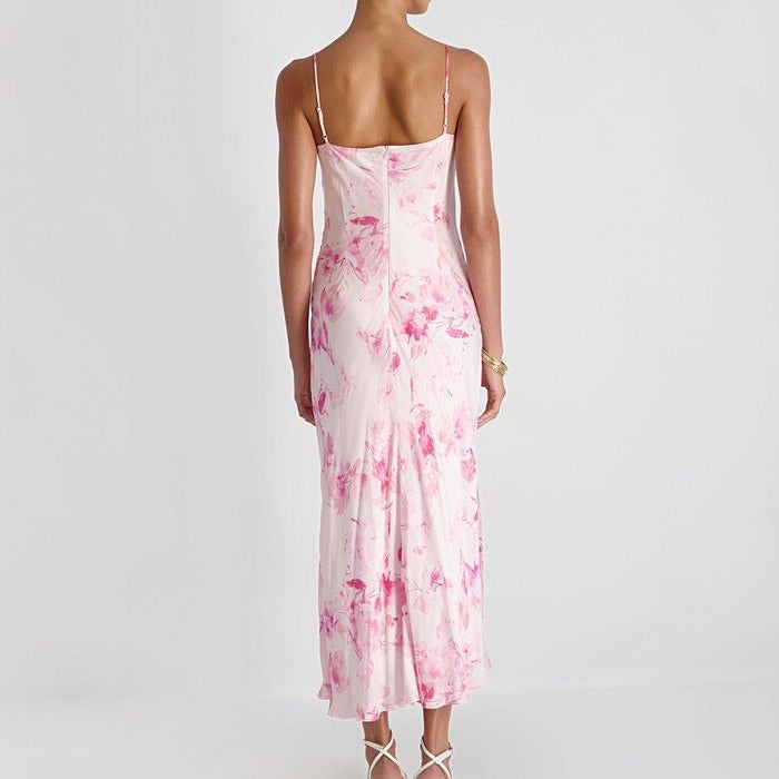 Pink Ombré Floral Satin Strappy Maxi Dress