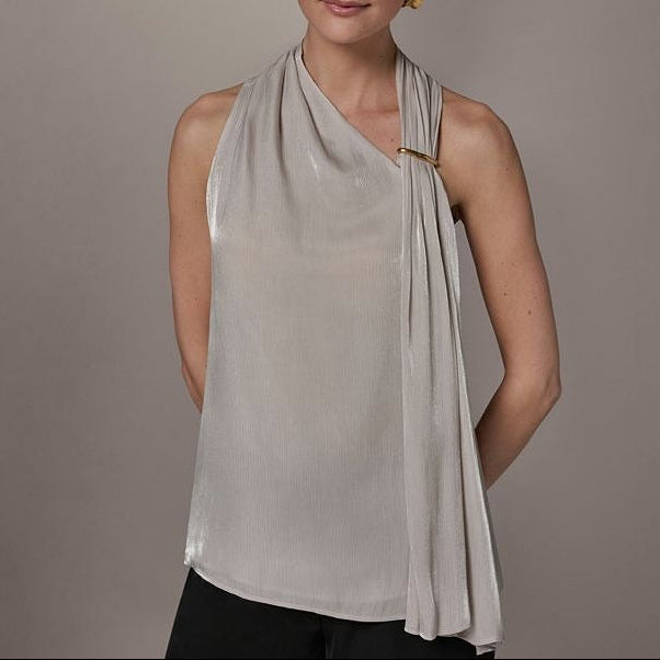 Silvery Gray Glossy Asymmetrical Halter Sleeveless Top