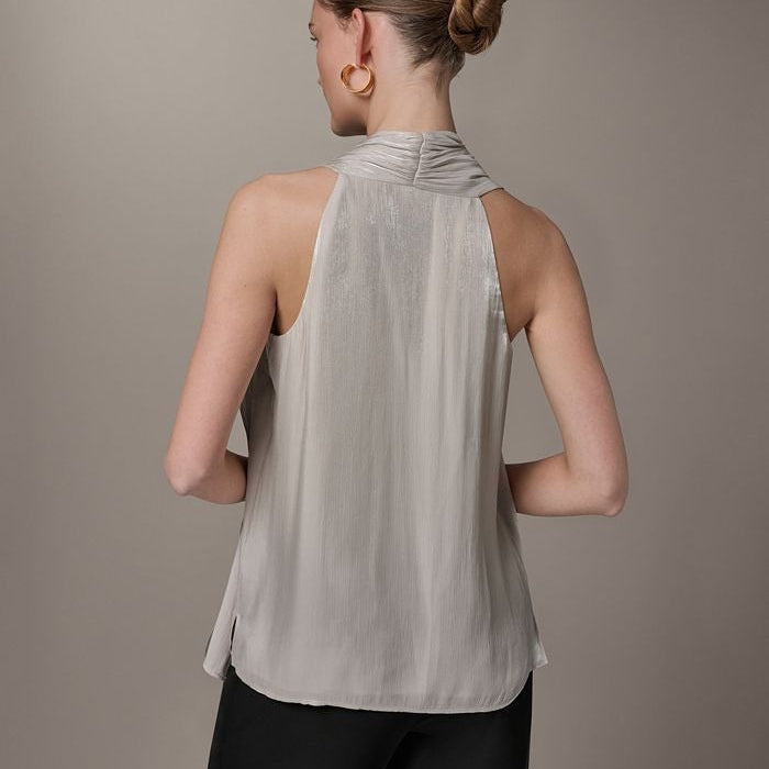 Silvery Gray Glossy Asymmetrical Halter Sleeveless Top