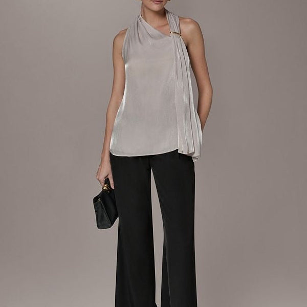 Silvery Gray Glossy Asymmetrical Halter Sleeveless Top