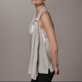Silvery Gray Glossy Asymmetrical Halter Sleeveless Top