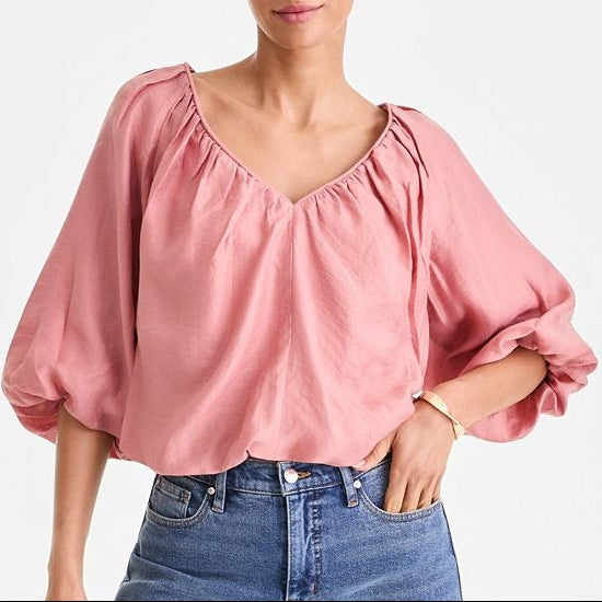 V Neck Loose Fit Top With Puff Sleeves