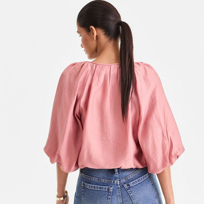 V Neck Loose Fit Top With Puff Sleeves