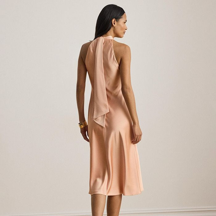 Light Peach Satin Halter Midi Dress